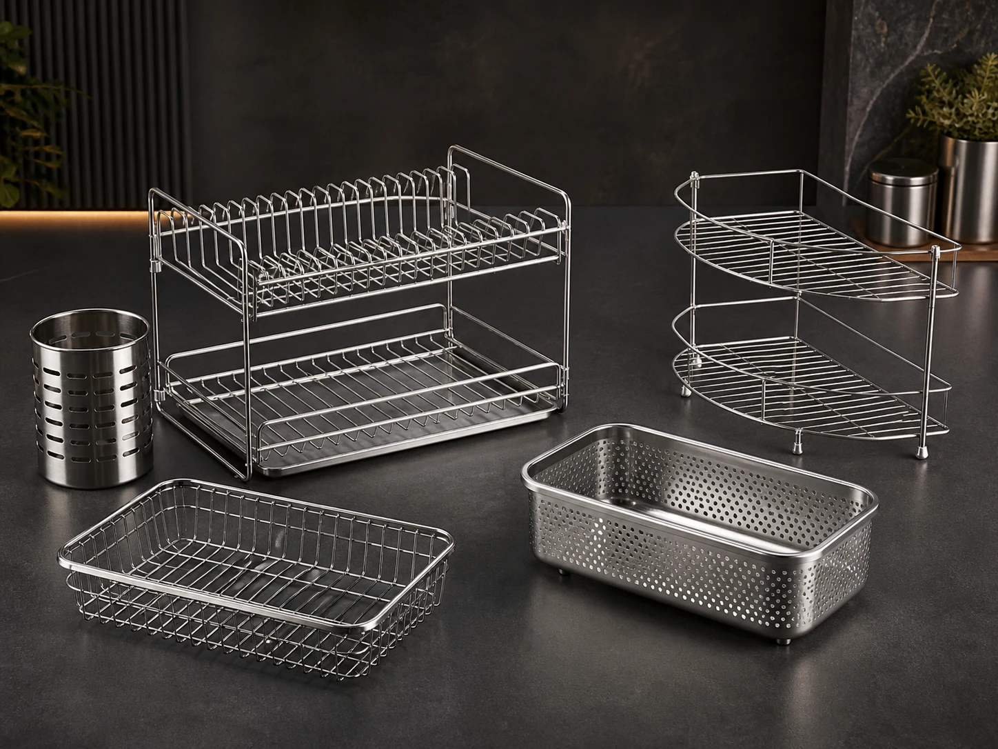 Stainless steel dish racks, baskets and utility organizers