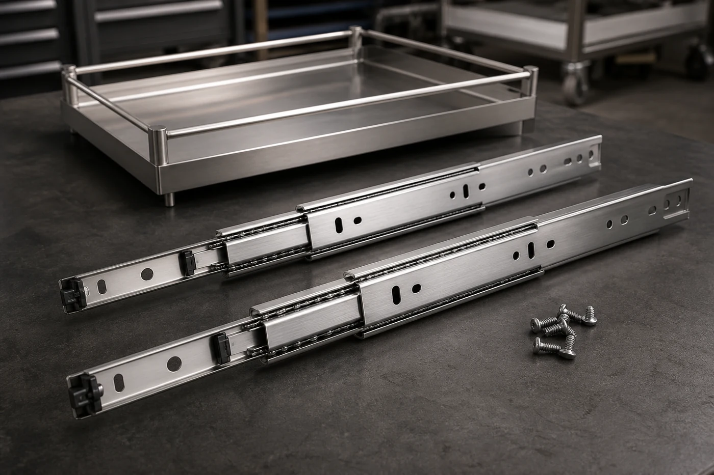 Pair of stainless steel ball-bearing telescopic sliding channels with mounting screws and trolley tray